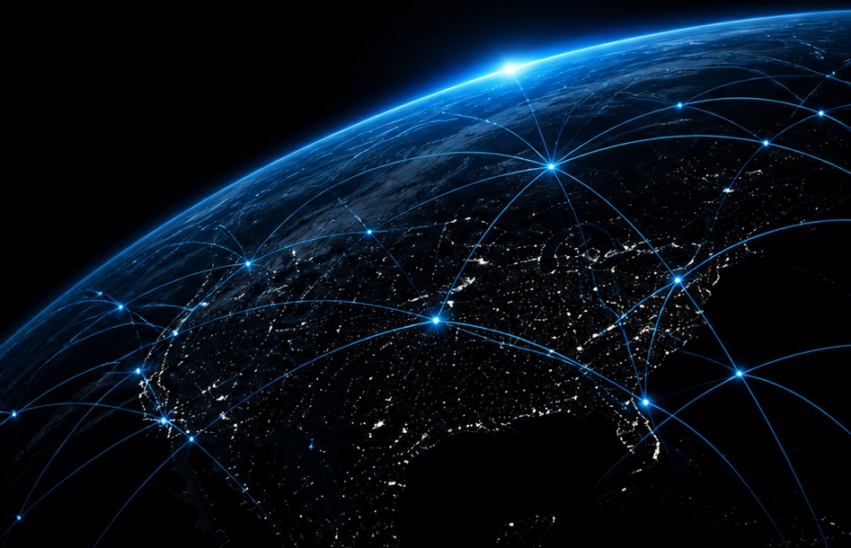 Earth at night connected by global telecommunications routes
